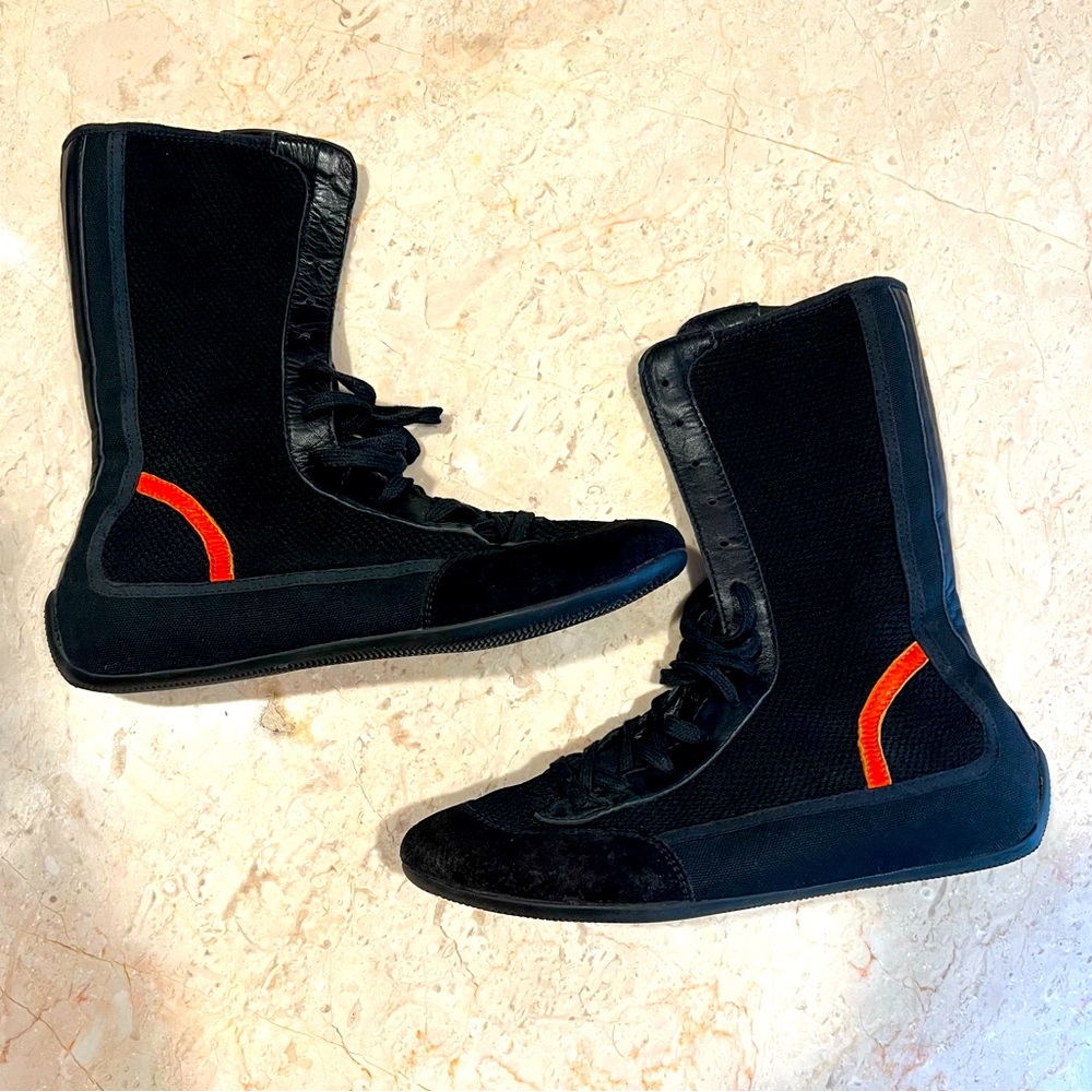HELMUT LANG Boots Sz 38 Very Good Vintage Black/Orange Canvas/Mesh/Suede/Leather